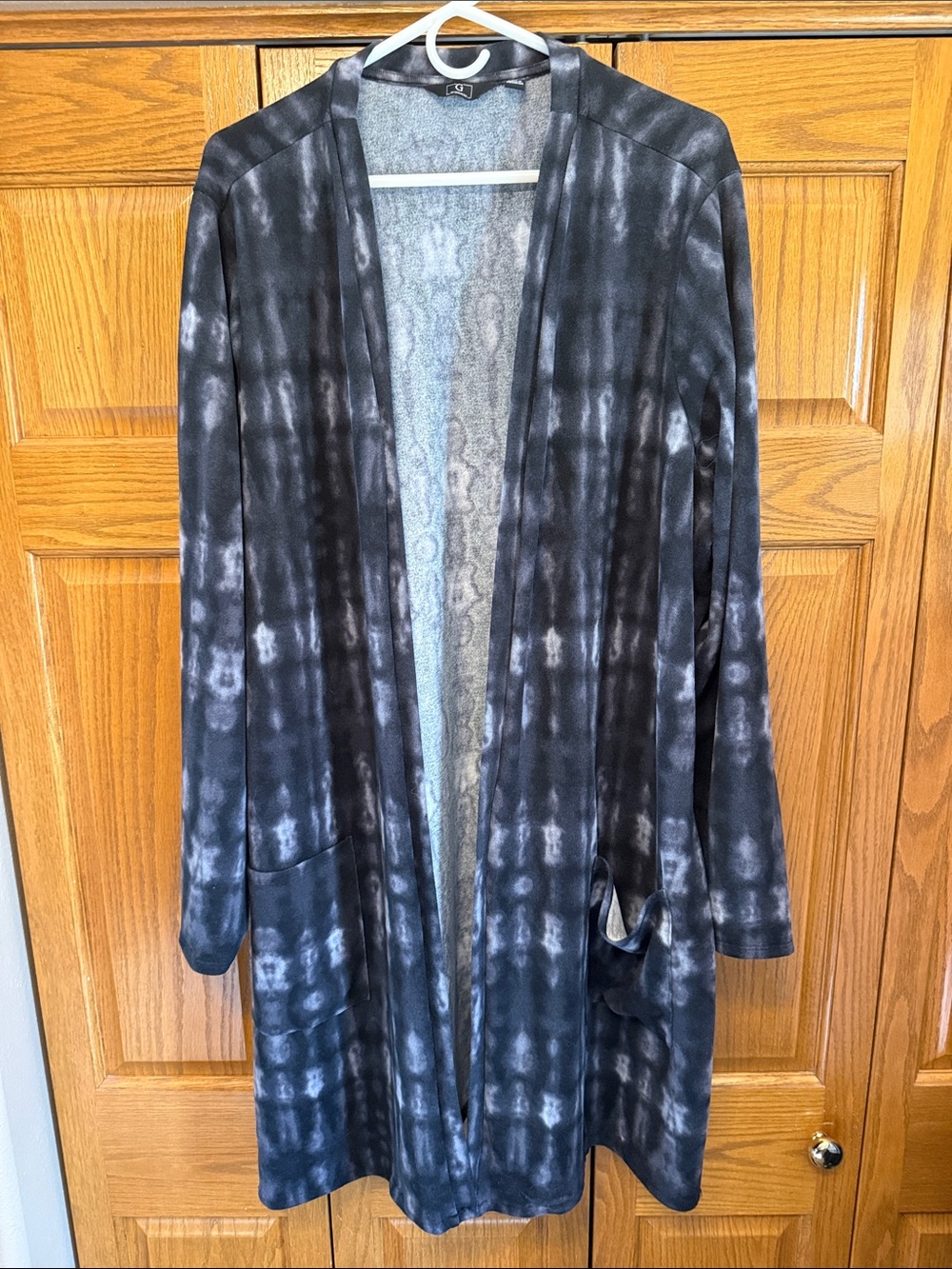 G by Giuliana Black & Gray Tie-Dye Open Front Duster-Size: 3X/40” Long